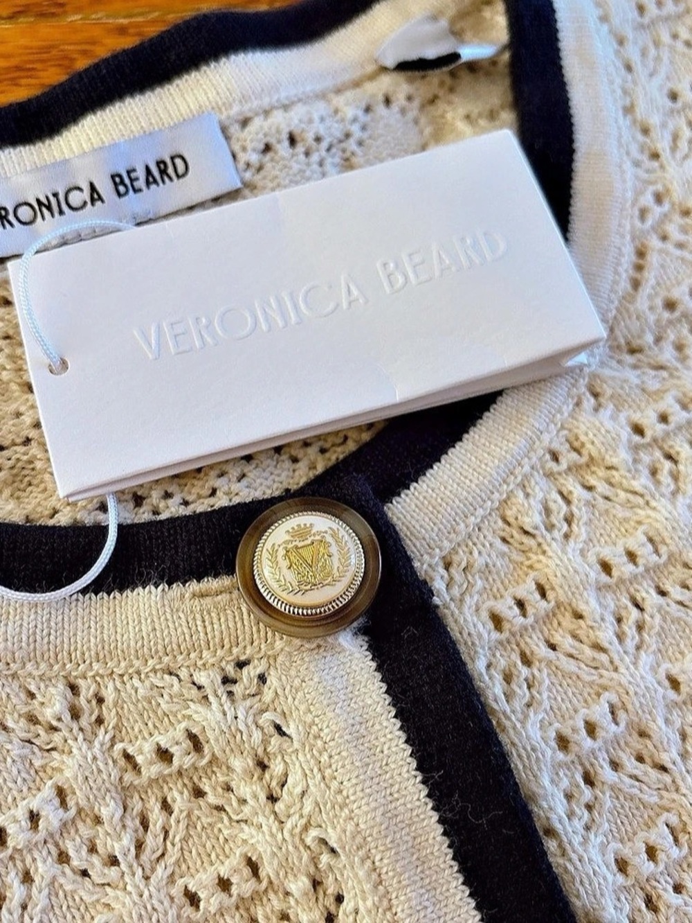 Veronica Beard Pipes & Shawl Cardigan Cream & Black Cotton Cashmere Cardigan - Picture 7 of 8